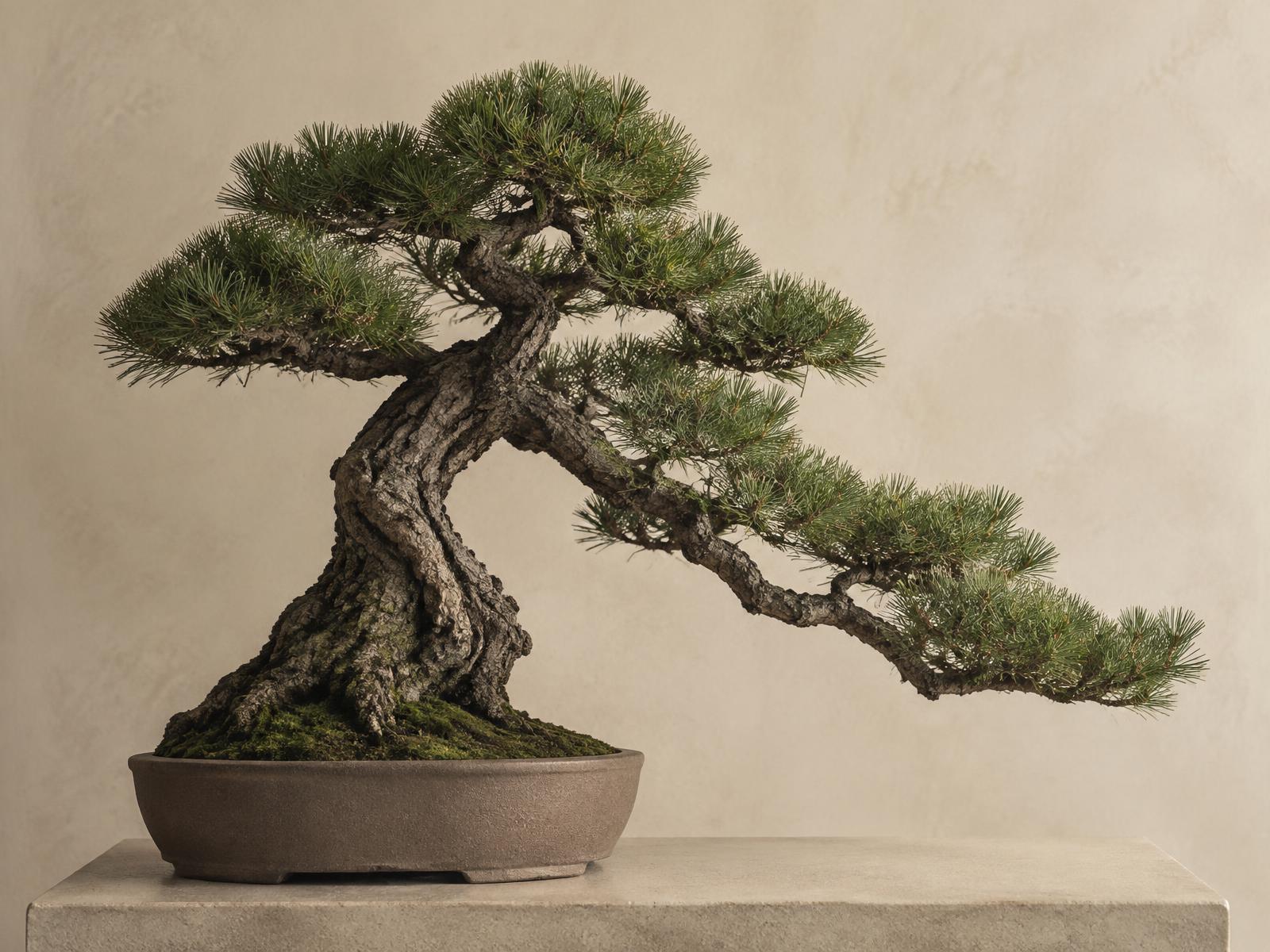 Ancient Japanese black pine bonsai on a stone plinth